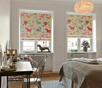 

Modern Creative Cartoon Semi Shading Cotton and Hemp Lifting Curtain Happy Meeting Room Bedroom Restaurant Roman Curtain