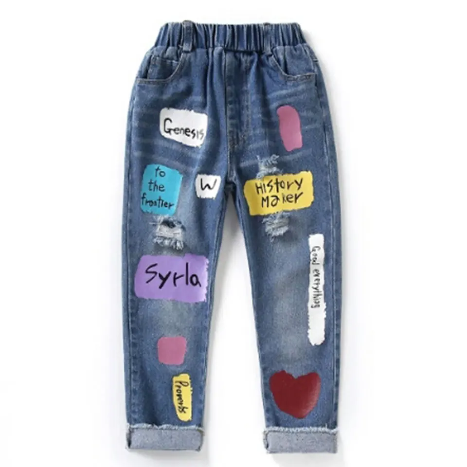 Летняя одежда для девочек; детские джинсы; брюки для девочек; сезон весна-осень; модные дизайнерские детские джинсовые брюки; повседневные джинсы с эластичной резинкой на талии