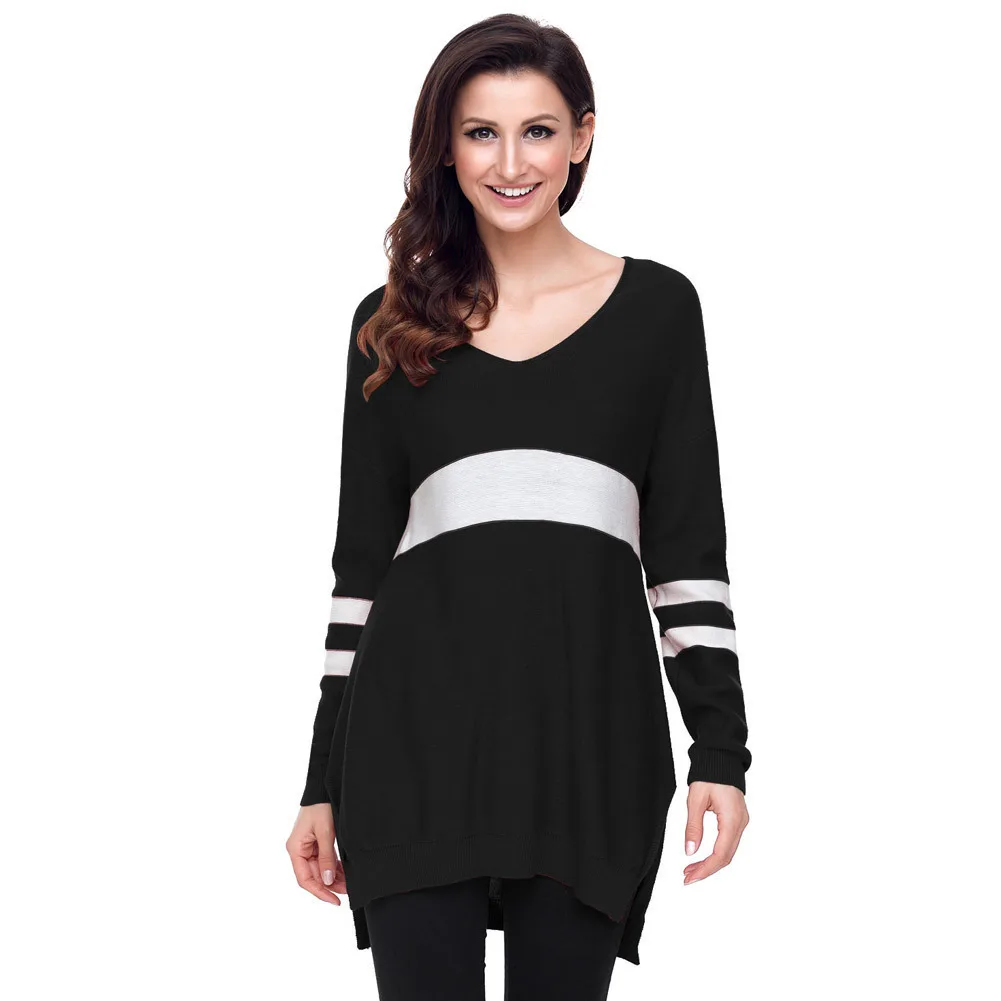 Women Warm Casual Sweater V Neck Patchwork Loose Knit pullovers Long Tops the of European And American | Женская одежда