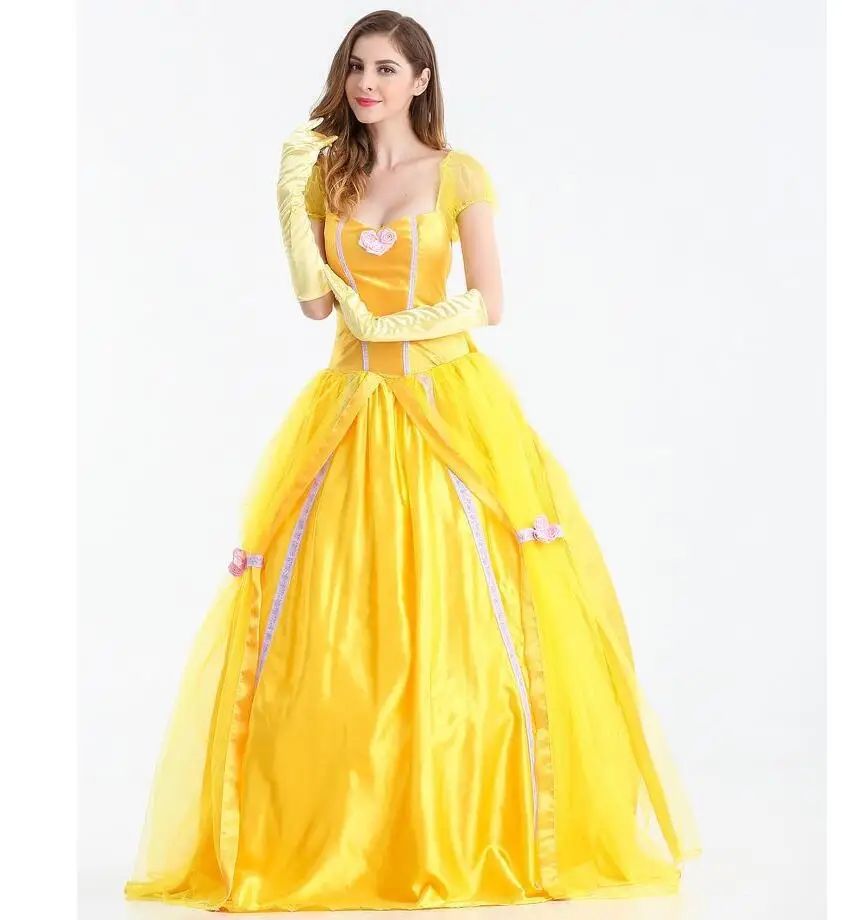 

Beauty and the Beast Costumes Women Adult Belle Dresses Party Fancy Girls Flower Yellow Long Princess Dress Female Anime Cosplay