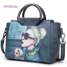 2016 Famoso Diseñador de la Marca Bolsas de Asas de Las Mujeres de Alta Calidad Bolsos de Cuero Bolsa de Hombro Para Las Señoras de La Vendimia Imprimir Bolso Azul Rosa