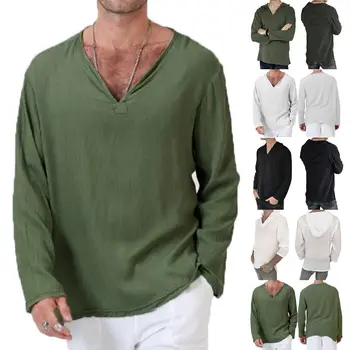 

Men's Cotton Linen Hoodies Tops Casual Loose V Neck Men Long Sleeve Hoody Sweatshirt Sweat Shirts