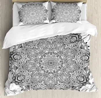 

Mandala Duvet Cover Set Lace Like Macro Round Tribal Motif with Mix Paisley Leaf Elements Kitsch Image Bedding Set Black White