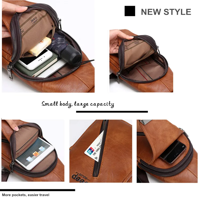 US $20.99 Jeepbuluo Brand Mens Large Capacity Chest Sling Bag Travel Hiking Crossbody Messenger Bags Solid Men Leather Bag Casual Daypack