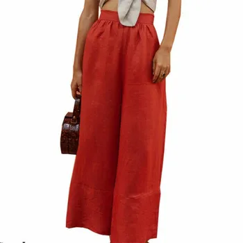 

Women's Wide Leg Long Pants Casual High Waisted Breathable Pants Ladies' New Soild Color Linen Cotton Fashion Trousers Hot Sale