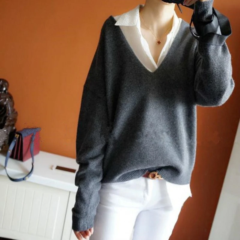 Spring and autumn new women's V-neck short pullover loose solid color simple sweater wild soft comfortable female models | Женская