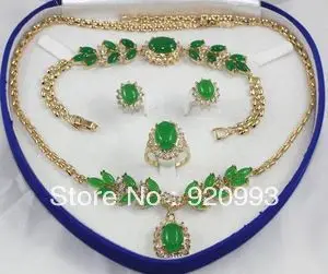 

Free shipping a***Exquisite green fine stone Necklace Bracelet Ring Earring Set