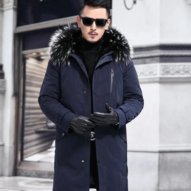 Новое поступление, зимнее Мужское пальто со съемной подкладкой, Теплая мужская куртка с капюшоном с подкладкой из меха енота, зимние парки с воротником из меха енота