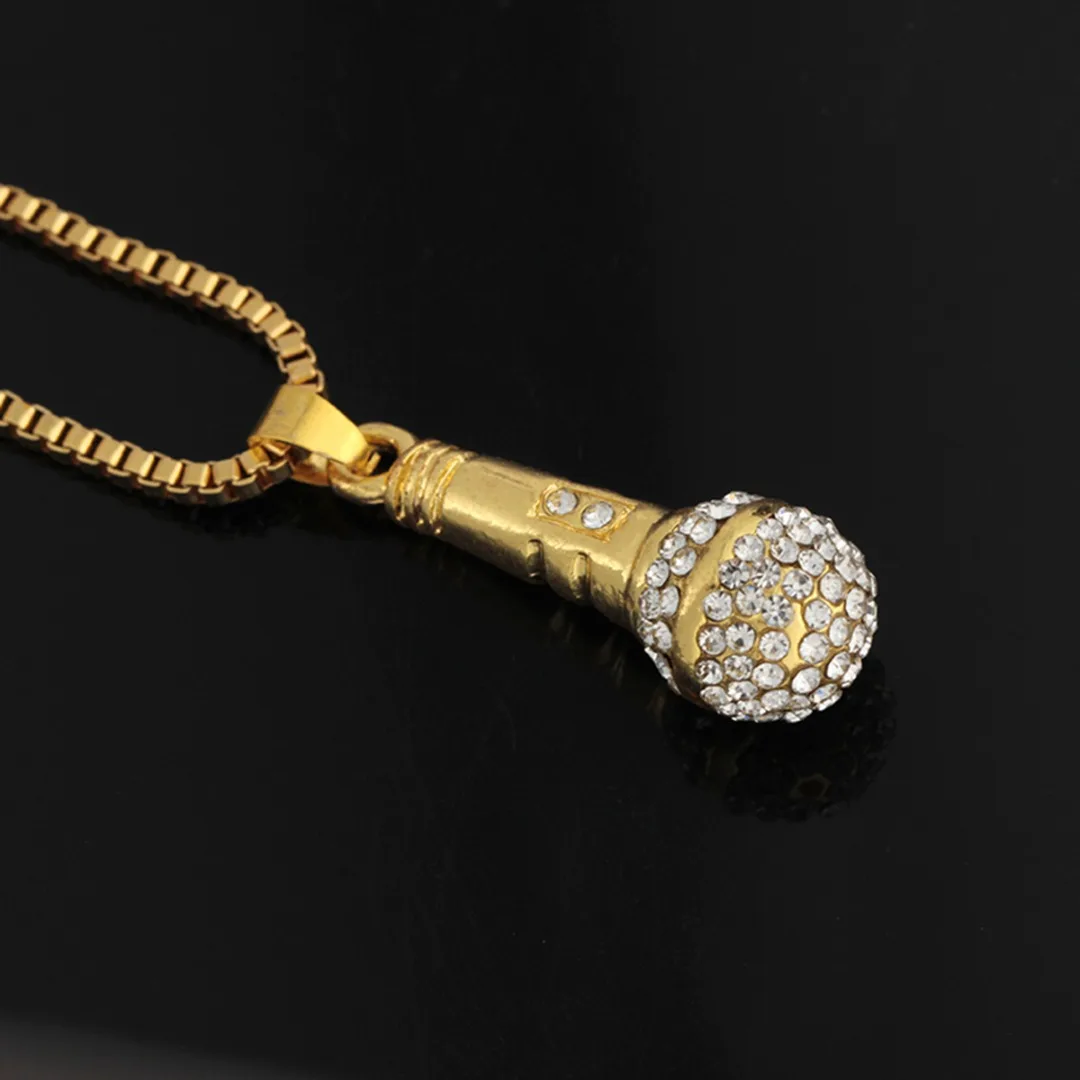 HIP Hop Gold Color Chain Necklace Shellhard Women Men Ice Out Microphone Pendant Necklace Charming Punk Jewelry