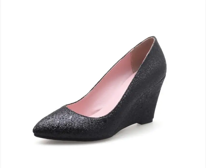 MAZIAO/женские свадебные туфли г. Весенние туфли-лодочки на танкетке на высоком каблуке Серебристые слипоны с острым носком большой размер 9, 42, 43, женская обувь - Цвет: Черный