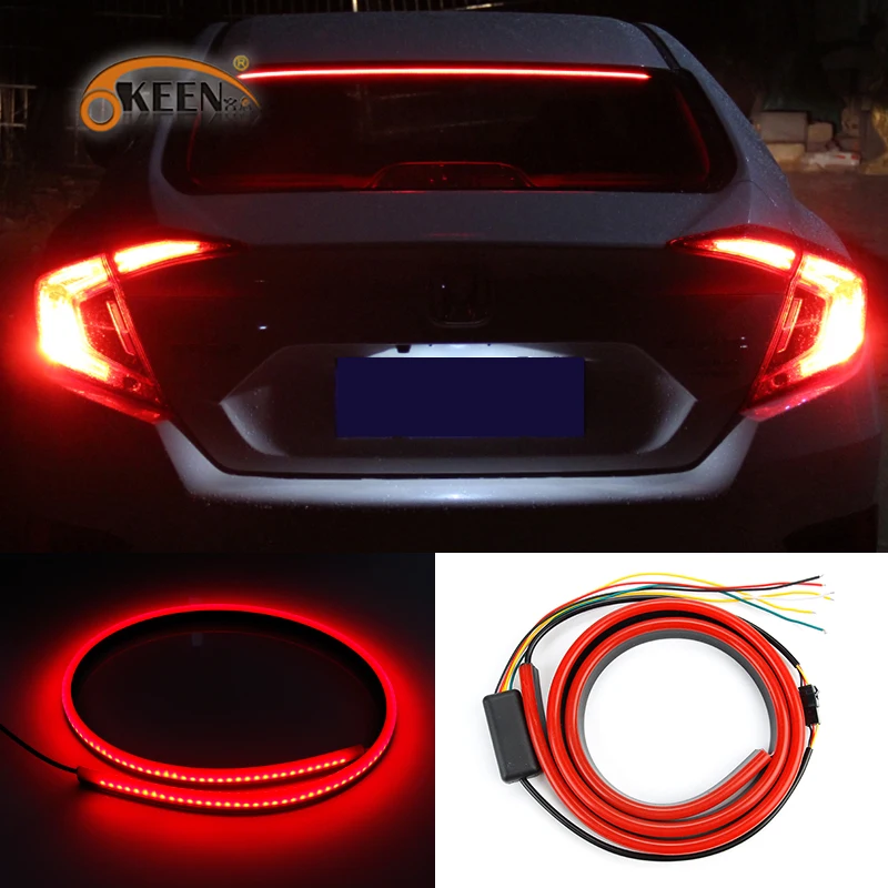 

OKEEN 12V Super Bright Car Additional Brake Lights Red Flowing Flashing Flexible Turn Signal Brake Light Strip LED Warning Light