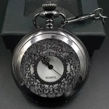 

White Dial Skeleton Vintage Style Silver Black Mens Quartz Pocket Watch Nice Xmas Gift With Tracking number Wholesale Price H016