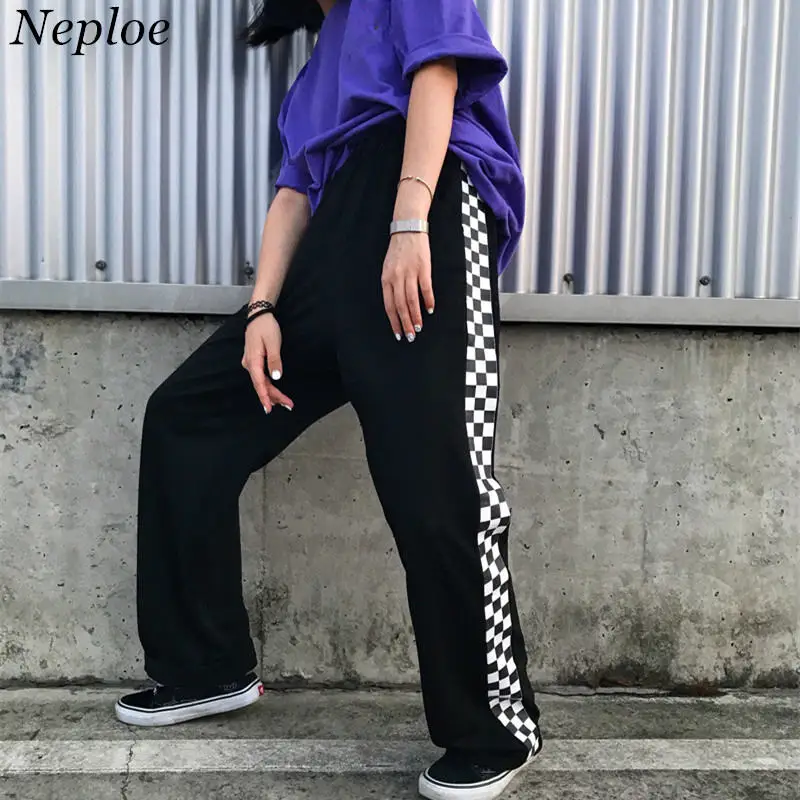 

Neploe Woman Man Sweatpants Side Black and white Plaid Pants 2019 Causal Loose Trousers Korean Fashion Harajuku Pants 35803