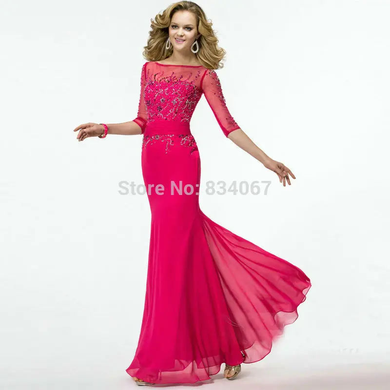 Stunning Beading Boat Neck Evening Dress 2016 Elegant Half Sleeves Mermaid Women Prom Dresses