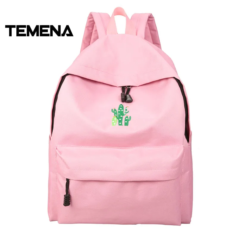 Temena New Simple Canvas Backpack Cactus Embroidery School Bag For Teenager Women Rucksack Mochila Escolar Women