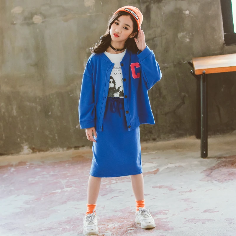 

Fashion Big Kids Girls Clothing Sets Casual Cardigan +Long Sleeve T-shirt + Skirt Suits for Teenage Autumn Children Clothes 3pcs