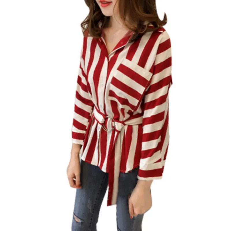 

Fashion Women Shirt Long Sleeve Turn Down Collar Striped Blouse With Belt Casual Loose OL Blusa Blouse Shirts Streetwear