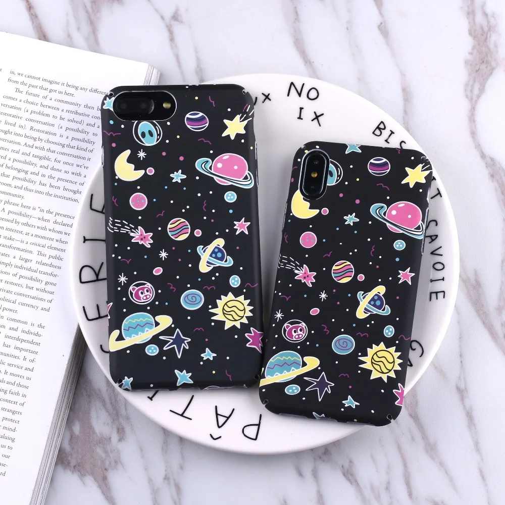 

Geometric Graphic Airship Astronaut Stars Moon Pattern Case For iPhone 6 6S 7 7Plus 8 8Plus X 3D luminous Hard PC phone Case