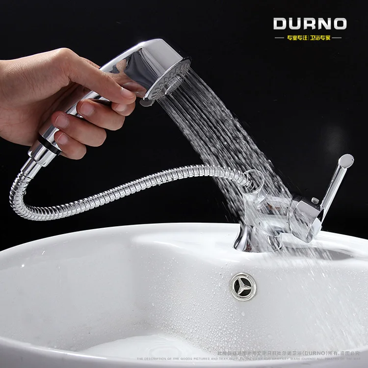 

pulling type hot and cold washbasin faucet can stretch telescopic belt shower, bathroom counter basin shampoo faucet