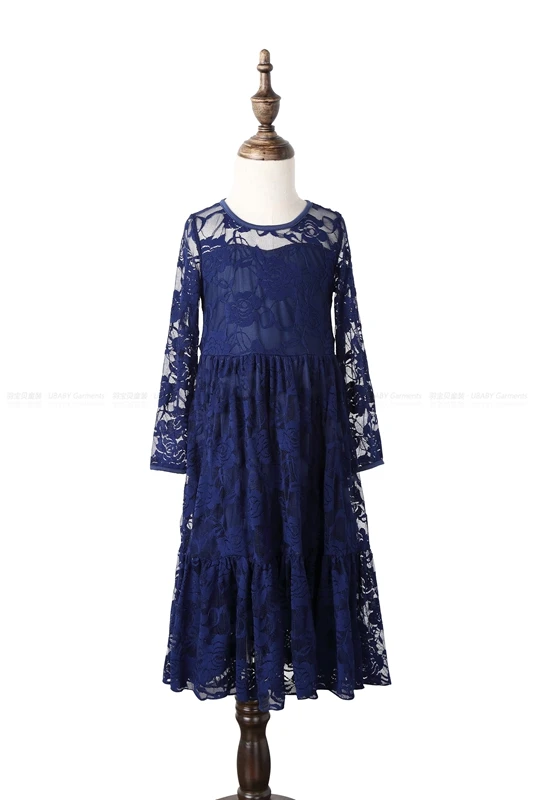 Price Girl Lace Long Dress Age 2 12 Baby Kids Princess Dresses Big Bow Long Sleeved Wedding Party Dress Noble Navy Children Clothes