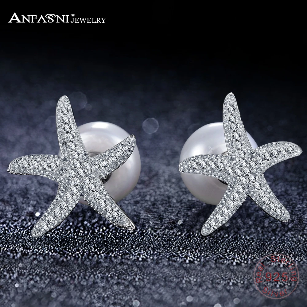 

ANFASNI Famous Brand Design Sea Star Stud Earrings For Women Micro Pave AAA Cubic Zirconia Starfish 925 Sterling Silver Jewelry