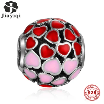 

Jiayiqi 925 Silver 925 Pink Heart-Shaped Hollow Silver Beads Metal Beads For Women Charm Bracelets Bangles DIY Jewelry Gift