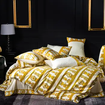 

FAMVOTAR 4 Pcs Luxury Bedding Set Chic Golden Stripe/Cells Embroidery Duvet Cover Bed Set Fitted Bed Sheet King Queen Size