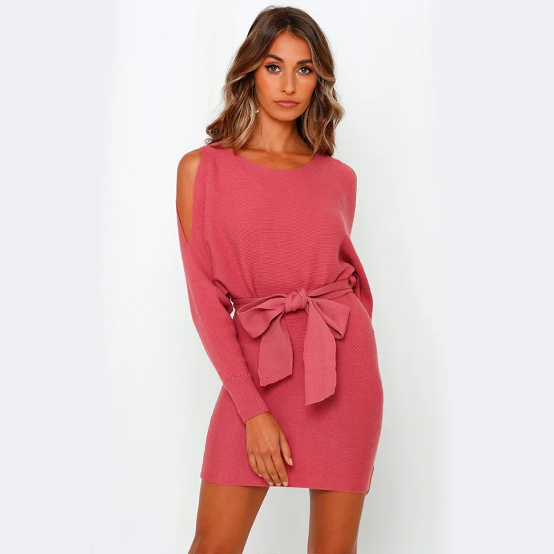 

Off Shoulder Sexy Women's Laides Bow Mini O-Neck Full Sleeve Solid 3 Colors Dresses