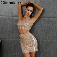 Glamaker Sexy sequined two-piece suit short dress Women shiny v neck club casual dress Adjustable strap party vestidos