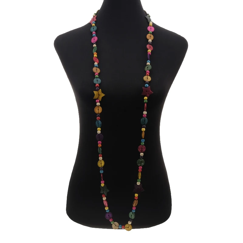 

Bohemian Tiny Star Long Necklace Ethnic Coconut Shell Wooden Multicolor Round Beads Strand Handmade Knitted Jewelry Wholesale