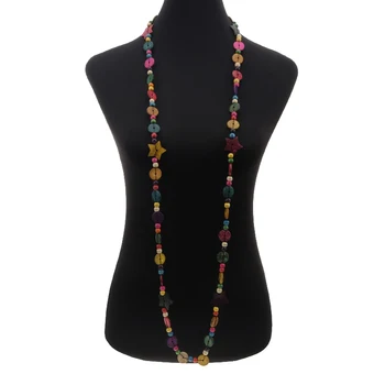 

Bohemian Tiny Star Long Necklace Ethnic Coconut Shell Wooden Multicolor Round Beads Strand Handmade Knitted Jewelry Wholesale