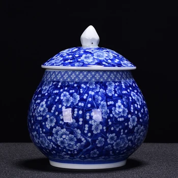 

Blue and White Porcelain Tea Storage Jar Kung Fu Tea Set Accessories Household Sugar Seal Cans Coffee Beans Canister Decoration