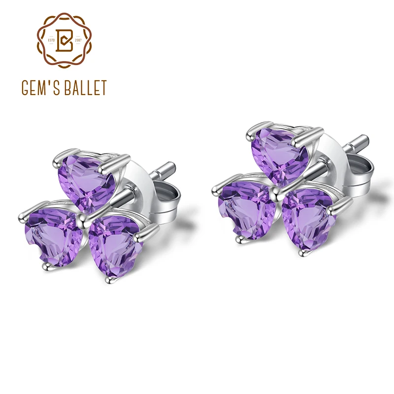 GEM'S BALLET 1.43Ct Natural Amethyst Heart Earrings 925 Sterling Silver Leaf Clover Stud for Women Fine Jewelry | Украшения и
