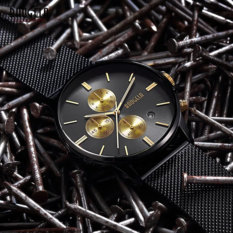 

Baogela Men's Black Steel Mesh Band Chronograph Wrist Watches Waterproof Luminous Stop Watch Man Clock Relogios Masculino 1611