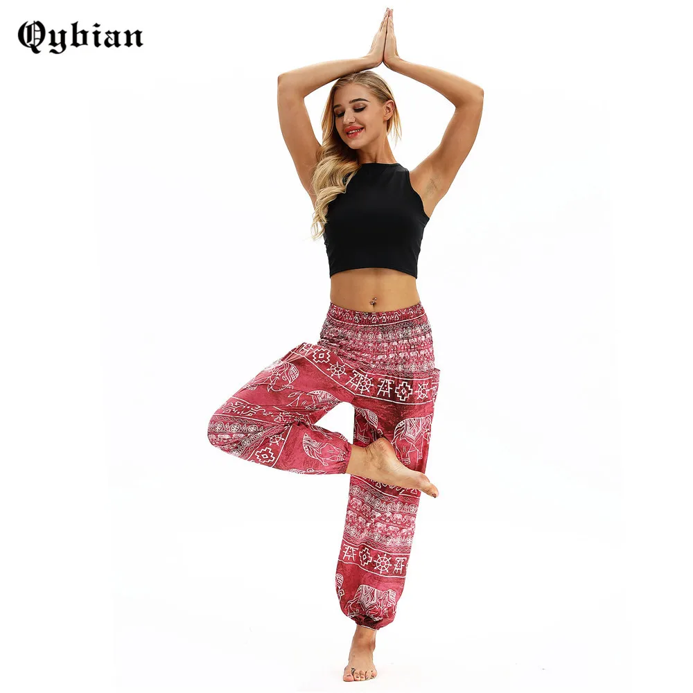 Qybian Для женщин шаровары Высокая Талия Брюки Бохо Pantalon свободные богемные талия