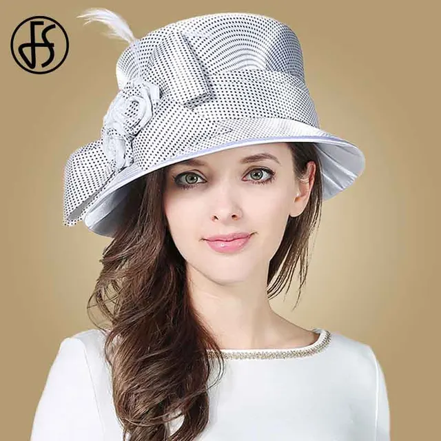 FS Vintage White Fedora Hat Women Wide Brim Flowers For Lady Boater