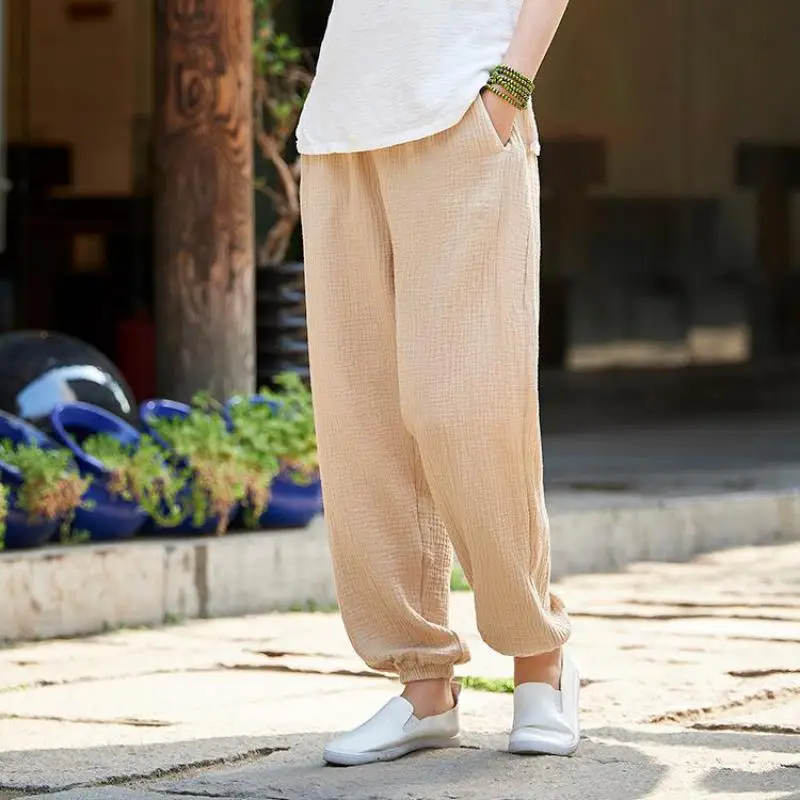 

Suvance Summer Autumn Vintage Solid Color Long Pants One Size Elastic Waist Linen Women Harem Pants