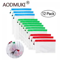 12 шт многоразовые сетчатые сумки, моющиеся экологически чистые сумки для хранения продуктов, фруктов, овощей, игрушек, Органайзер