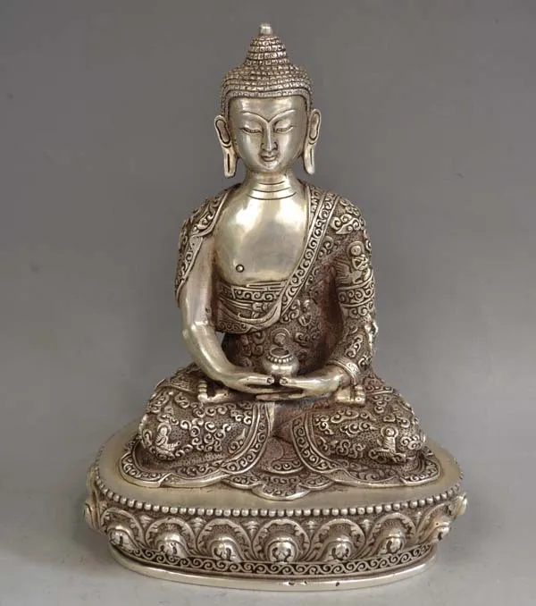 

8.9" Tibet Tibetan Silver Bronze Buddha Shakyamuni &Bowl Statue