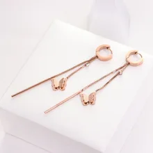 Тонкий бабочка Для женщин золотые, розовые серьги цвета из нержавеющей стали с длинной бахромой сзади серьги-гвоздики ювелирное изделие