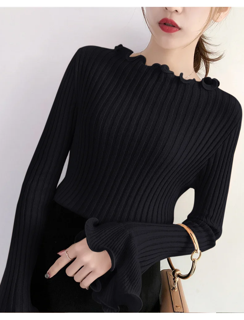 Wysokiej jakości jesień zima sweter kobiety swetry moda damska solidna Ruffles pełna Flare rękawem swetry z długim rękawem dla kobiet 2018 -