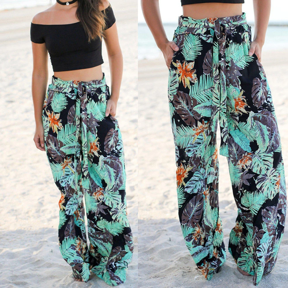 

Summer Holiday Bohemian Elastic Waist Belt Tropical Print Wide Leg Pants Slim All-match Slacks Cotton female Pants With Pockets