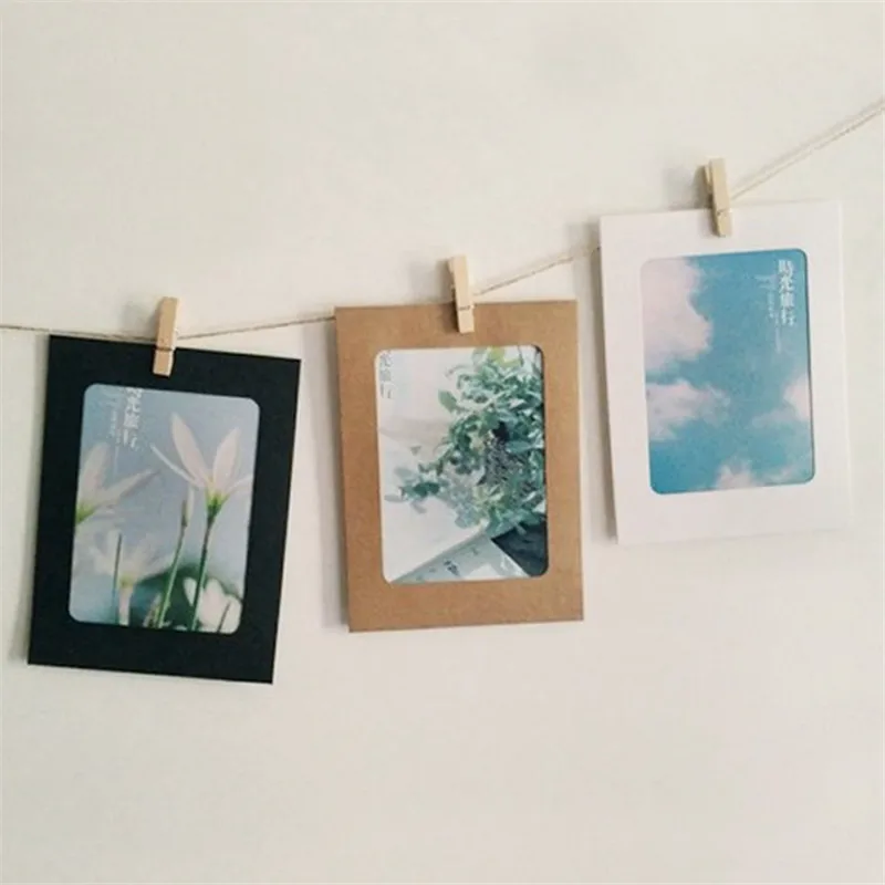 

10 Pcs DIY Kraft Paper Photo Frame 3-5 inch Hanging Wall Photos Picture Frame Kraft Paper With Clips and Rope For Family Memory