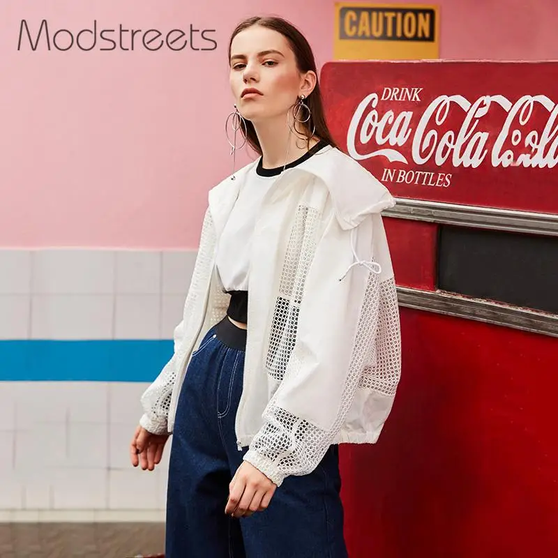 Modstreets Hollow Out Women Basic Jacket Solid White Drawstring Transparent Zipper Casual Thin Slim Autumn Coat Bomber Jacket Modstreets Hollow Out Women Basic Jacket Solid White Drawstring Transparent Zipper Casual Thin Slim Autumn Coat Bomber Jacket