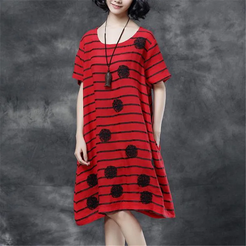 BUYKUD летние шорты рукавом в горошек платье в полоску карманы вышитые красное платье