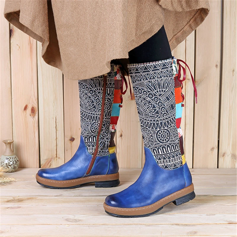 Mcacchi/обувь в богемном стиле; женские кожаные ботинки в байкерском стиле в этническом стиле; ботинки до середины икры в винтажном стиле; с принтом; на молнии сбоку; со шнуровкой сзади; Botas Mujer
