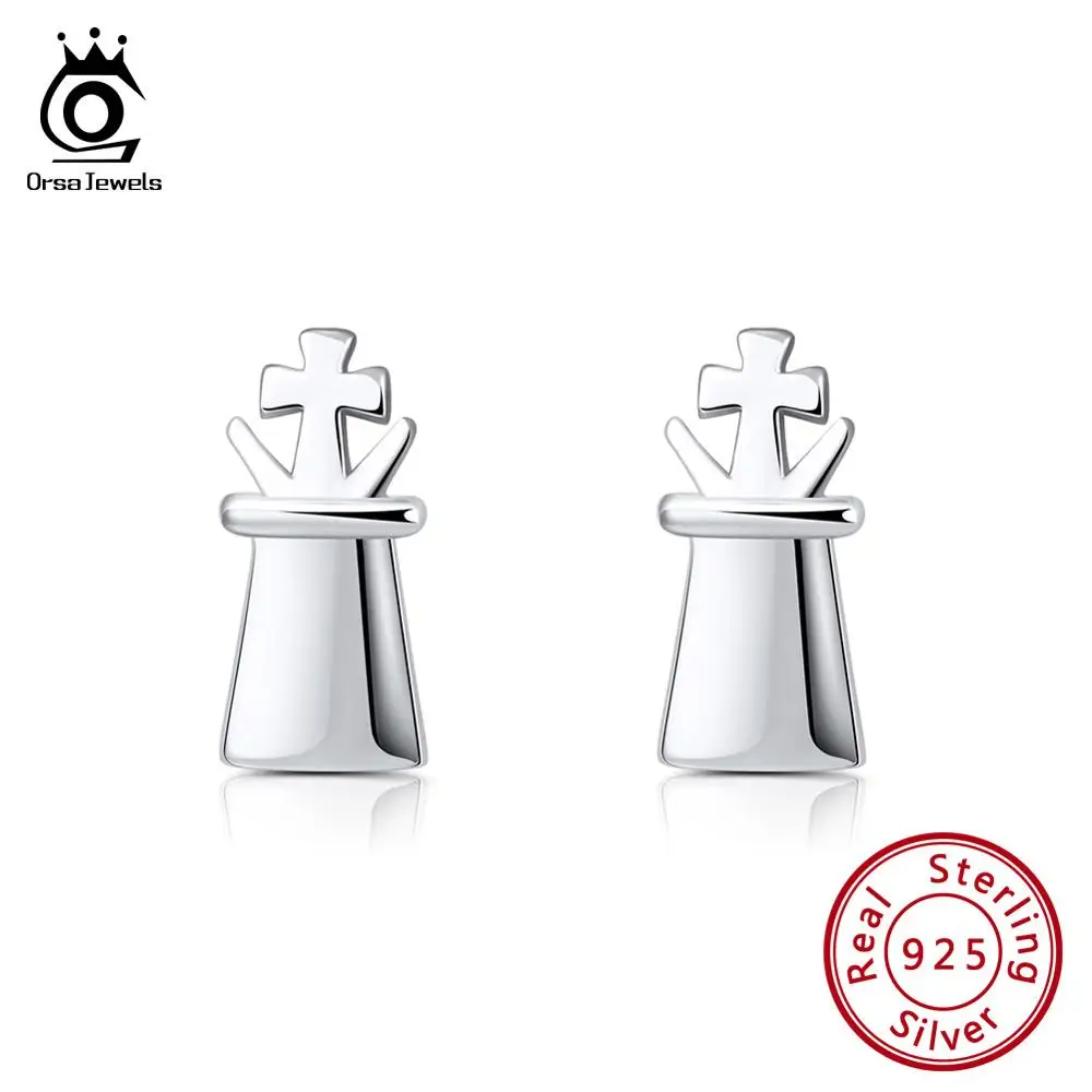 

ORSA JEWELS Genuine Silver 925 Stud Earrings For Women Cross Pattern Earings 11mm Width Cute Jewelry Chess Design 2019 OSE133