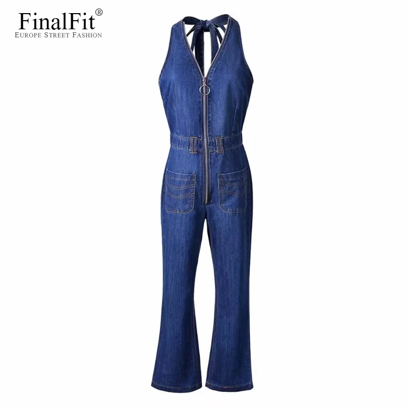 Denim Jumpsuit Women Overall Zipper Up Backless Women Jeans Jumpsuit