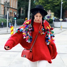 MX] Осень Зима для женщин Новинка Личность Ультра свободные рукав "летучая мышь" кисточкой ручной вязки негабаритных мохер свитер красный