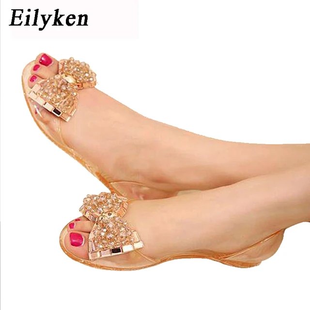 Eilyken Women Sandals Summer Style Bling Bowtie Jelly Shoes Woman Casual Peep Toe Sandal Crystal Flat Shoes Size 35-40